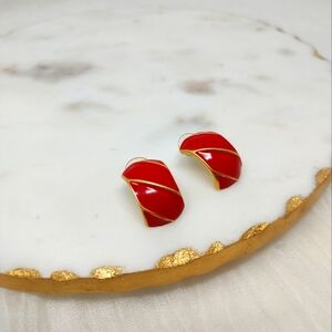 Vintage red and gold half circle front facing post earrings, abstract MCM